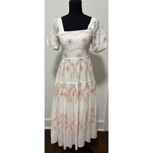 NWT Kings Road White Peach Embroidered Puff Sleeve Tiered Midi Dress P/M